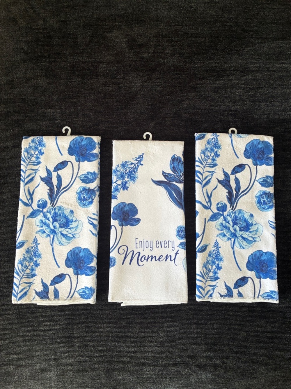 NWT-Set of 3- Beautiful White & Blue Floral- Enjoy Every Moment- Kitchen Towels